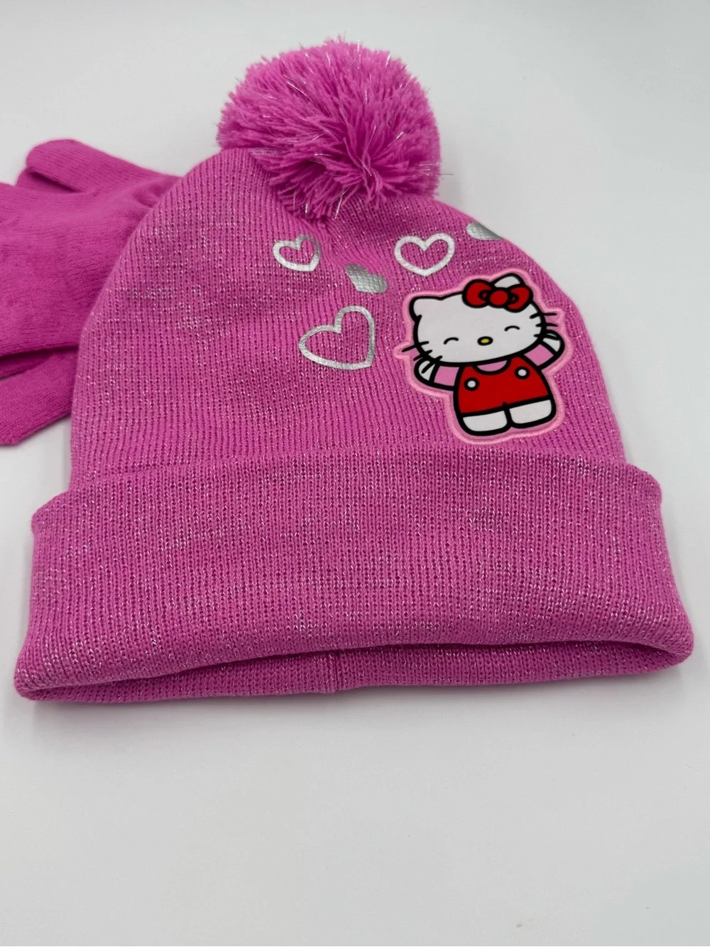 Hello Kitty Kids Pink Pom Beanie and Gloves Set NWT